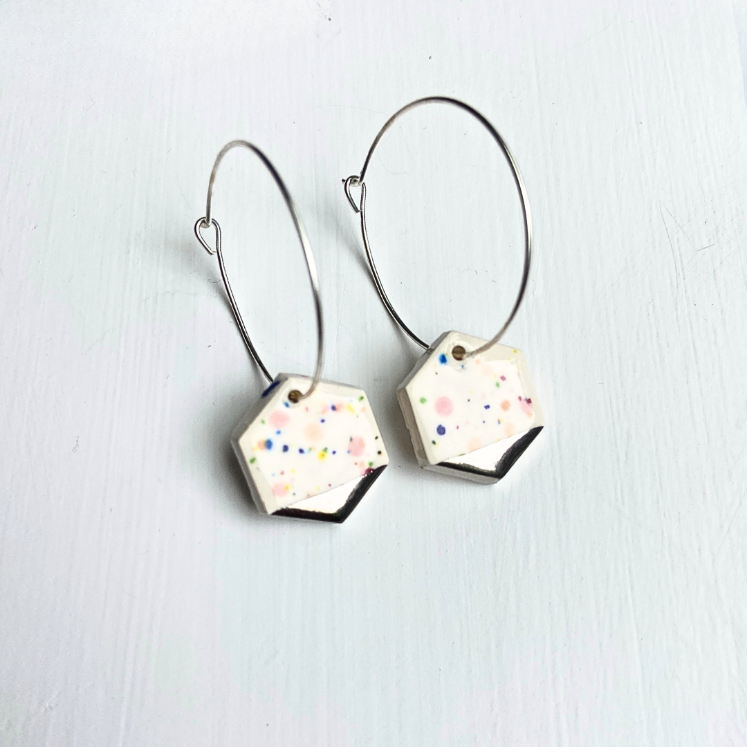 Hoop Earrings with Colourful Spotty Hexagon Charms