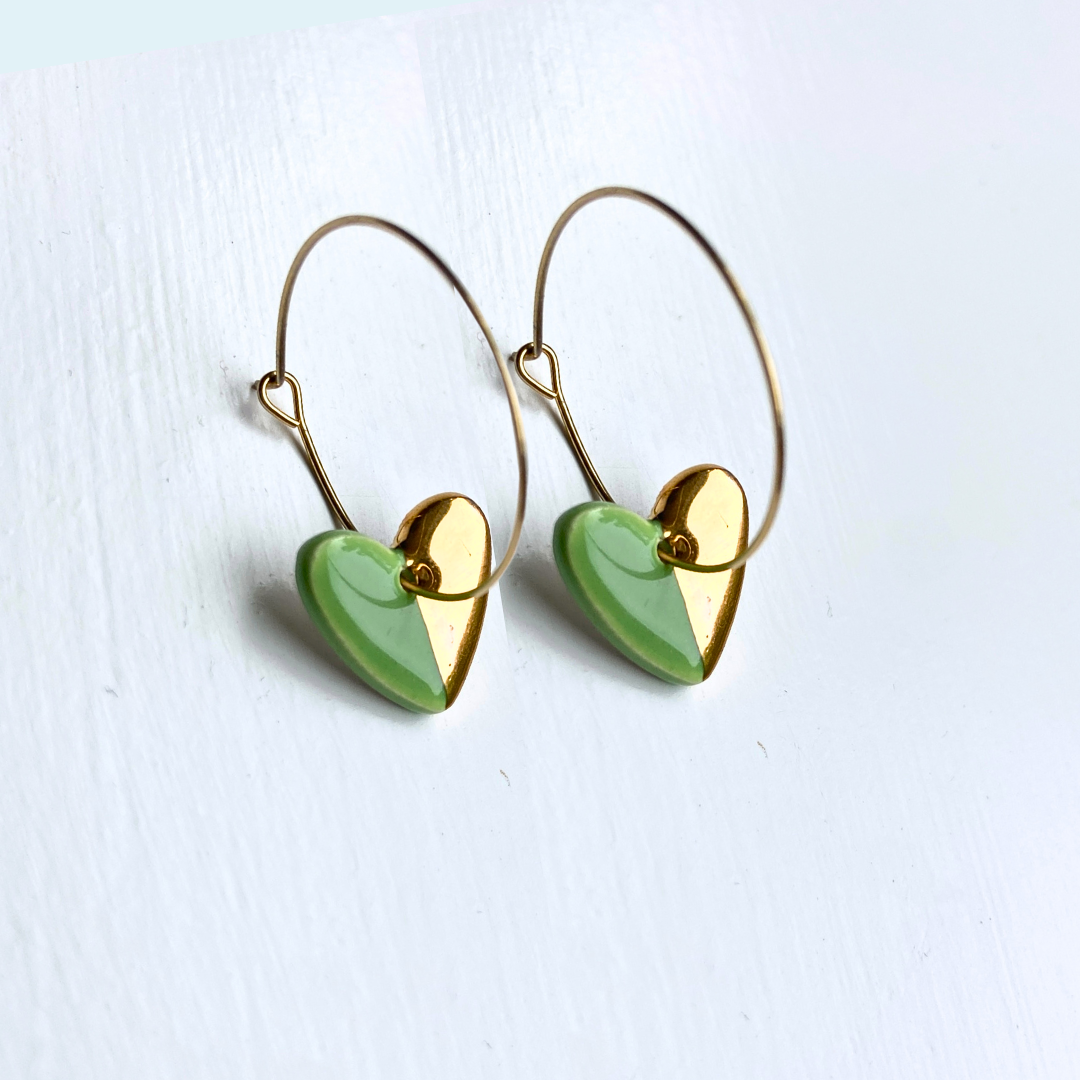 Hoop Earrings with Light Green Heart Charms