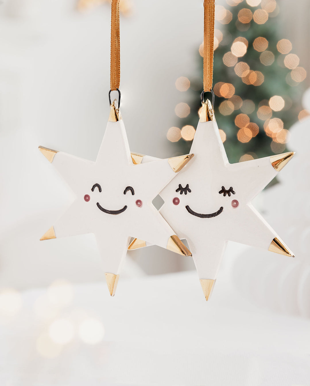 Set of 2 White Star Christmas Ornaments  with Smiley Faces and Gold Tips