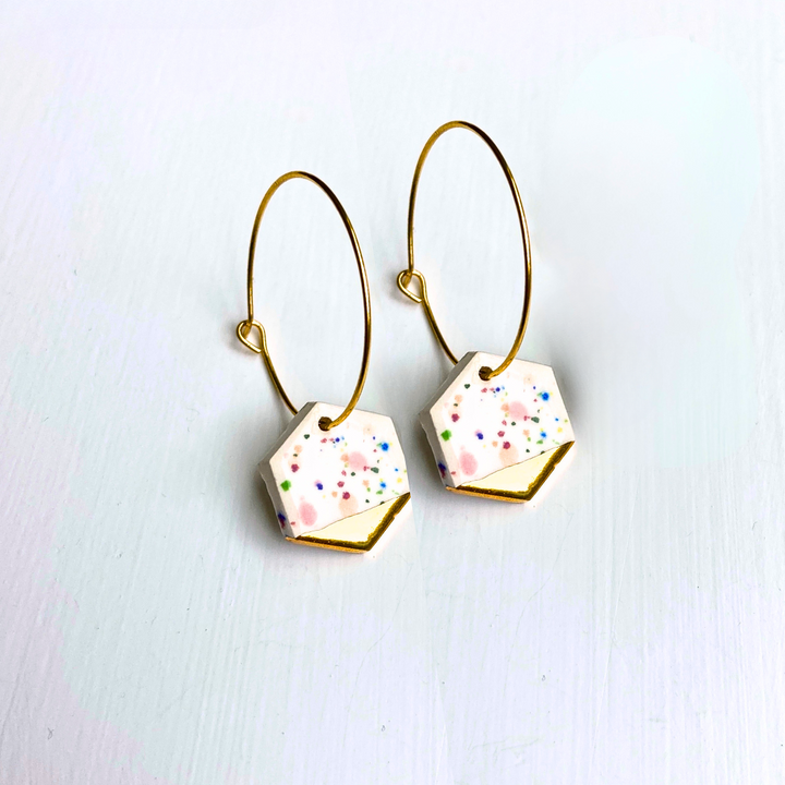 Hoop Earrings with Colourful Spotty Hexagon Charms