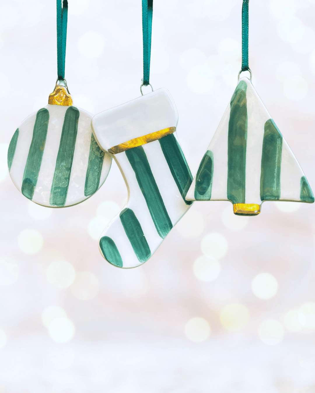 Set of 3 Green and White Stripe Ornaments