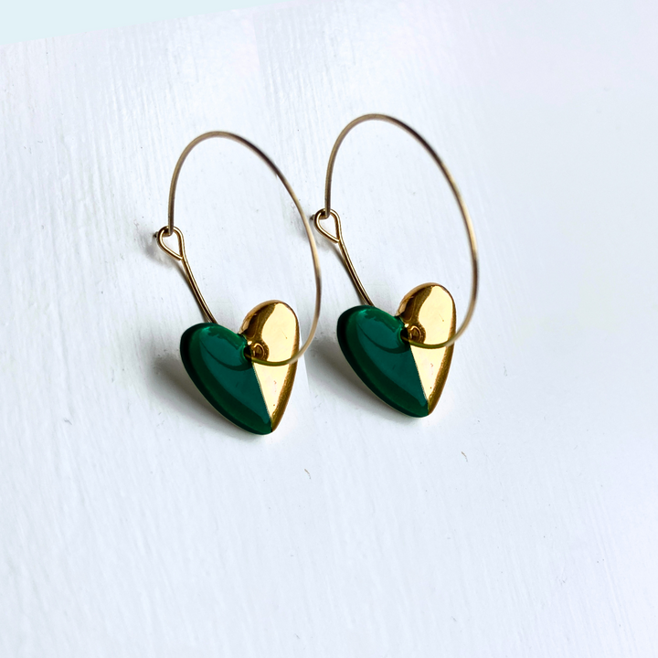 Hoop Earrings with Dark Green Heart Charms