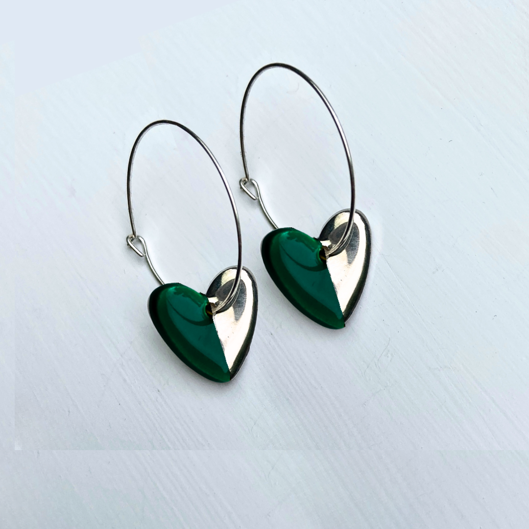Hoop Earrings with Dark Green Heart Charms
