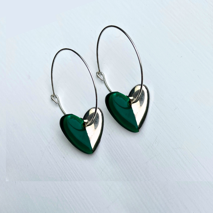 Hoop Earrings with Dark Green Heart Charms