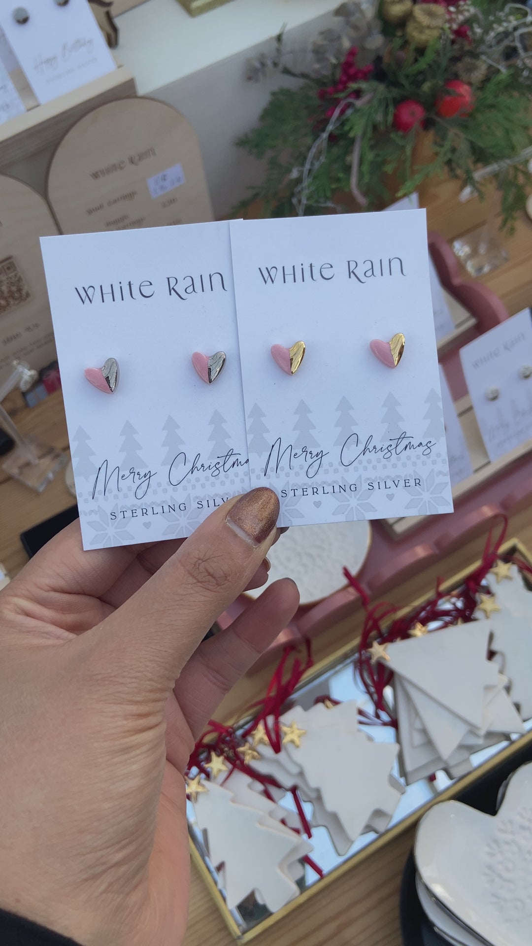 Merry Christmas stud earrings with platinum lustre