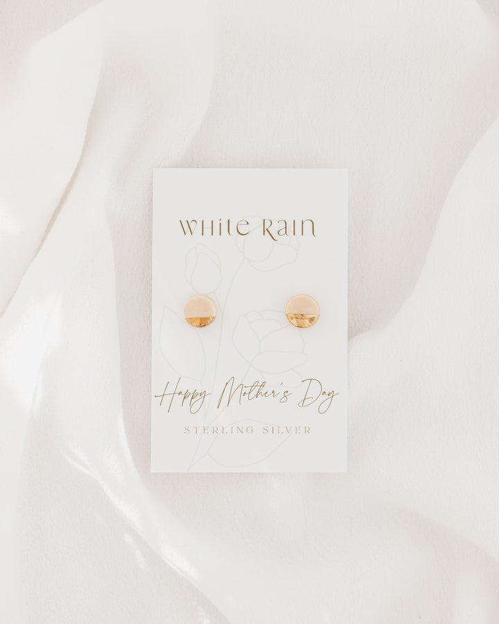 Ceramic stud earrings with gold lustre on a Happy Mother's Day Earring card