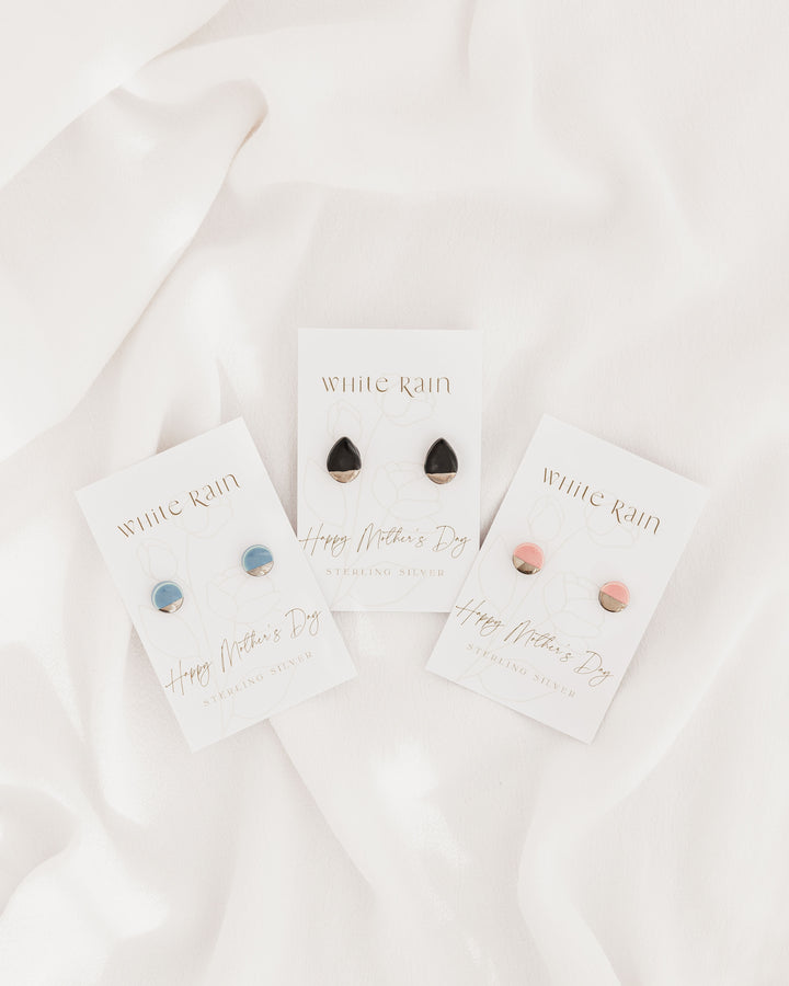 Ceramic stud earrings with platinum lustre on a Happy Mother's Day earring card