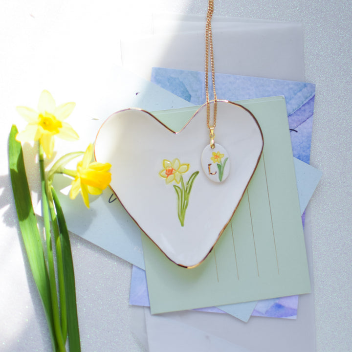 Daffodil trinket dish and necklace set