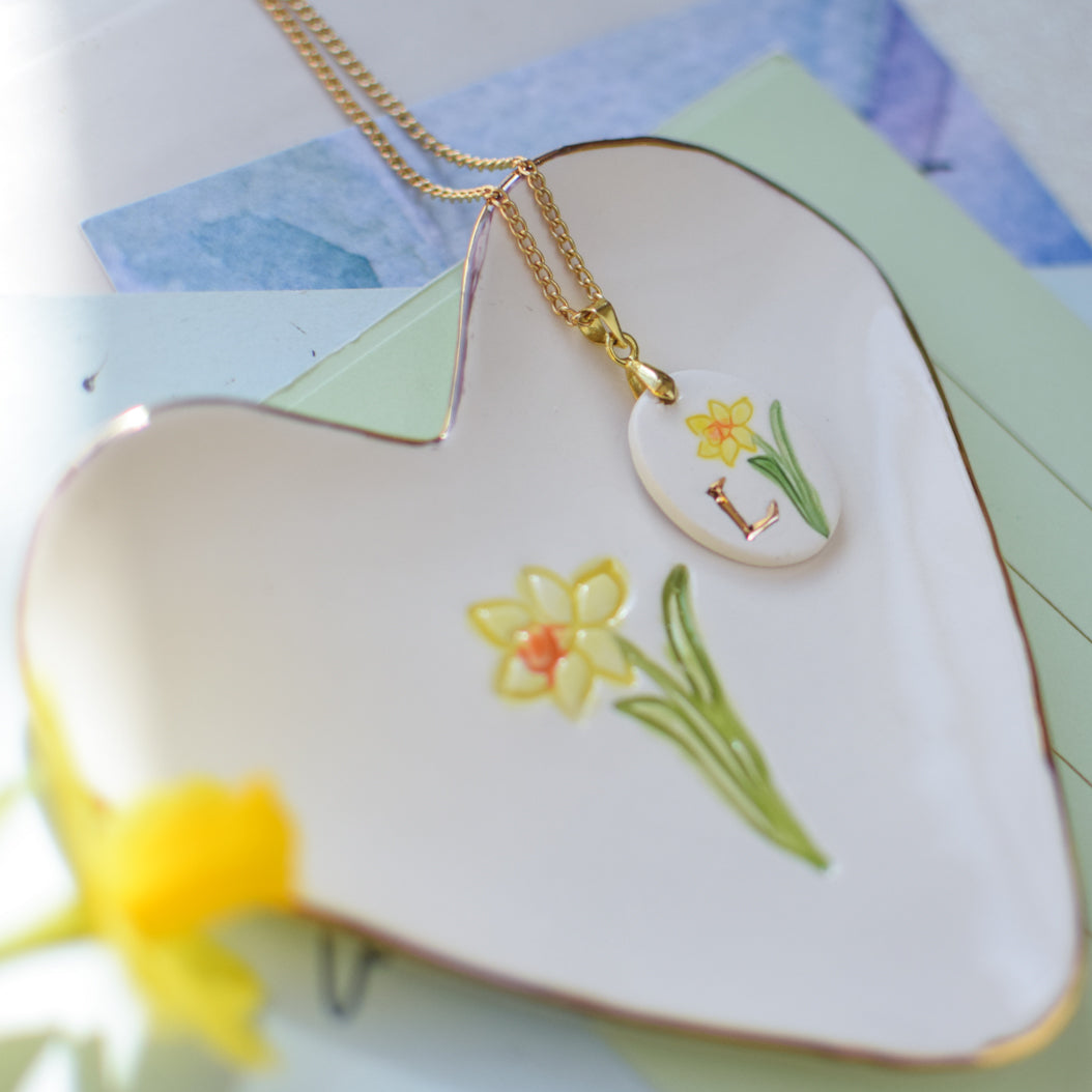 Daffodil trinket dish and necklace set