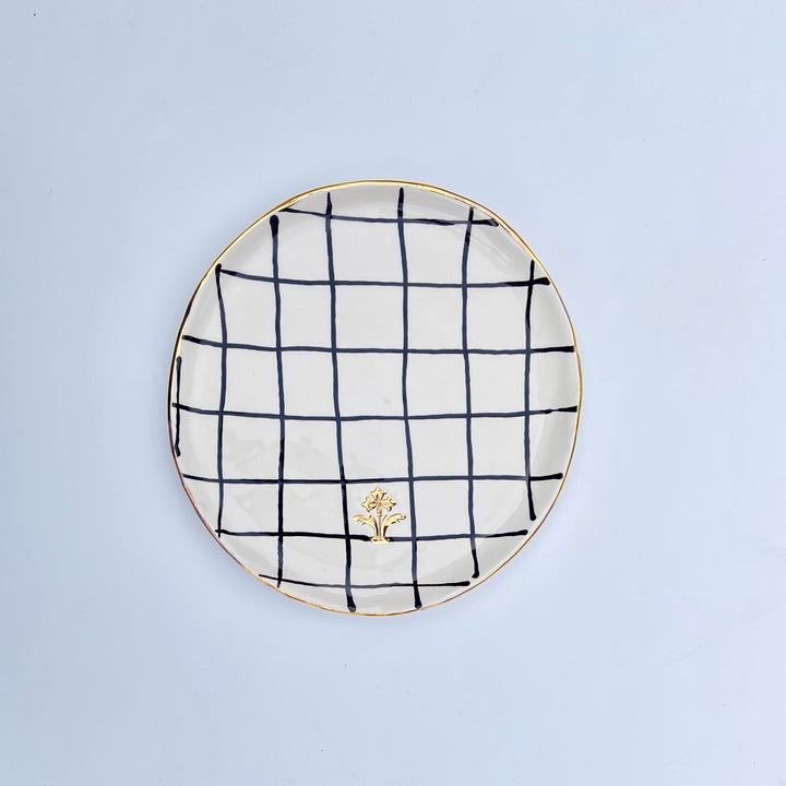 Side Plate with Checkered Black Pattern and Gold Flower Motif Stamp
