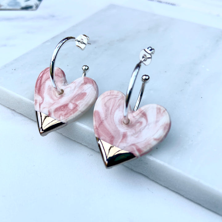 New Pink and White Marble Ceramic Heart Charm with Hoops