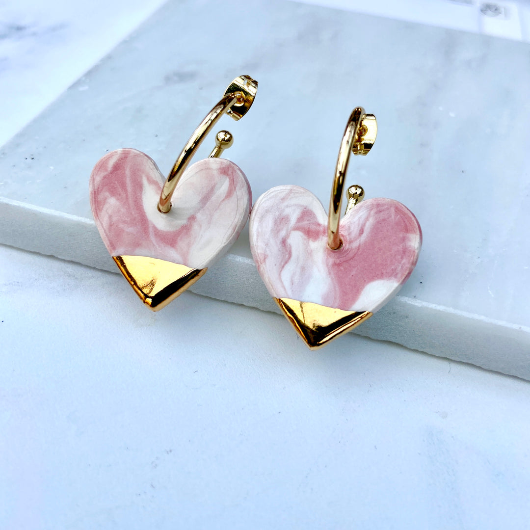 New Pink and White Marble Ceramic Heart Charm with Hoops