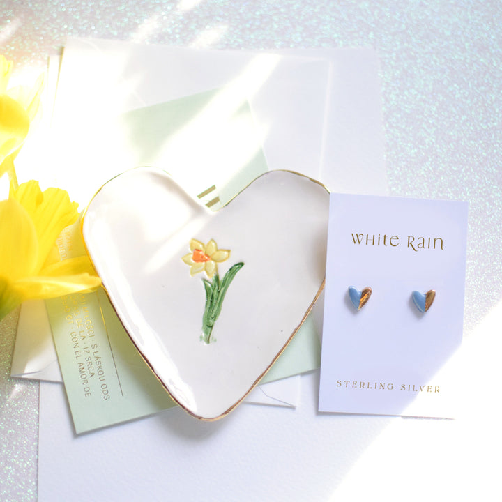 Daffodil trinket dish with ceramic earrings gift set