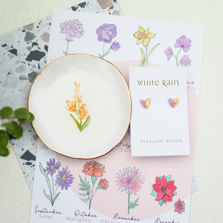 August Birth Flower trinket dish with ceramic earrings gift set