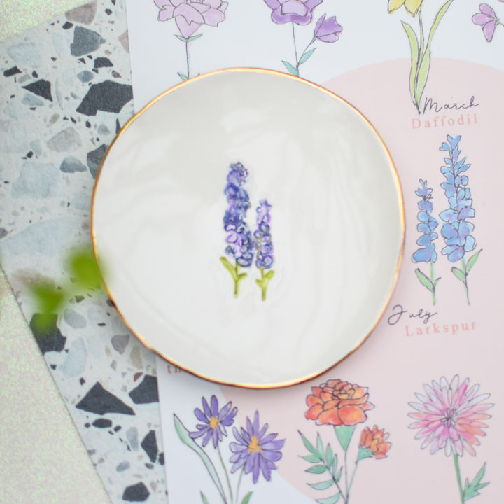 July Birth Flower trinket dish with ceramic earrings gift set
