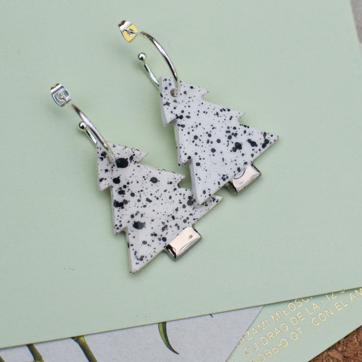 Black and White Spotty and Silver Ceramic Christmas Tree charms with Hoops