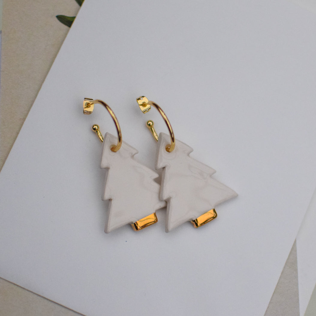 White and Gold Ceramic Christmas Tree charms with Hoops