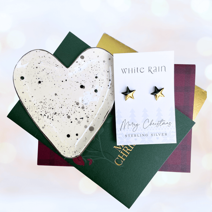 Spotty heart trinket dish and stud earrings on a Merry Christmas Card