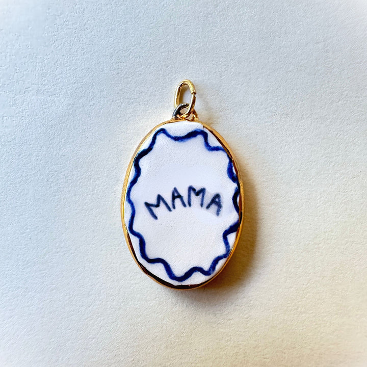 Blue Wavy Mama Border Oval Pendant