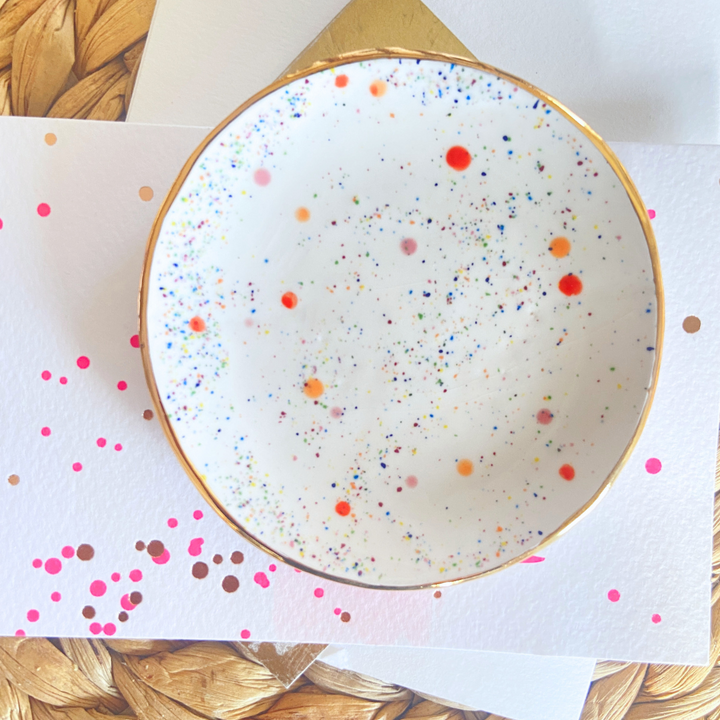 Colourful Spotty trinket dish and stud earrings on a Merry Christmas Card