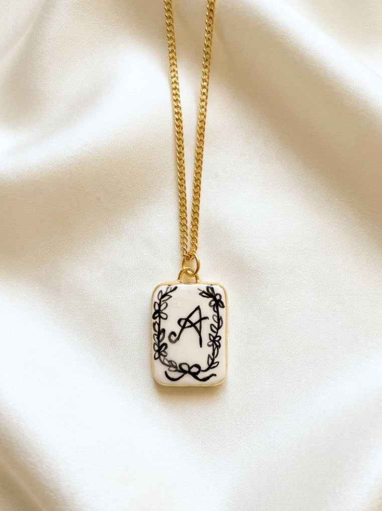 Personalised Initial Pendant with Floral Border - Rectangle