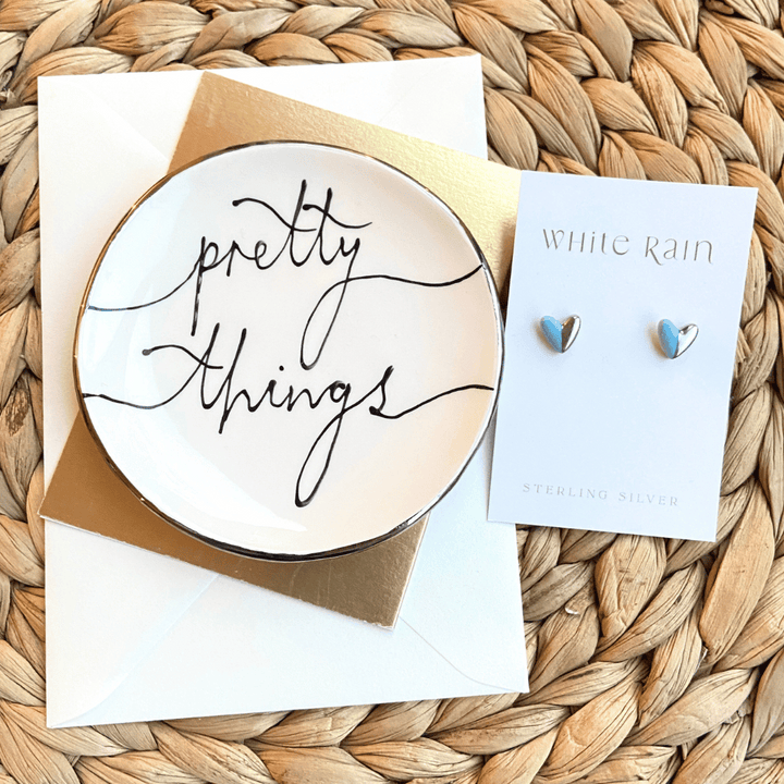 Pretty Things trinket dish and stud earrings on a Merry Christmas Card
