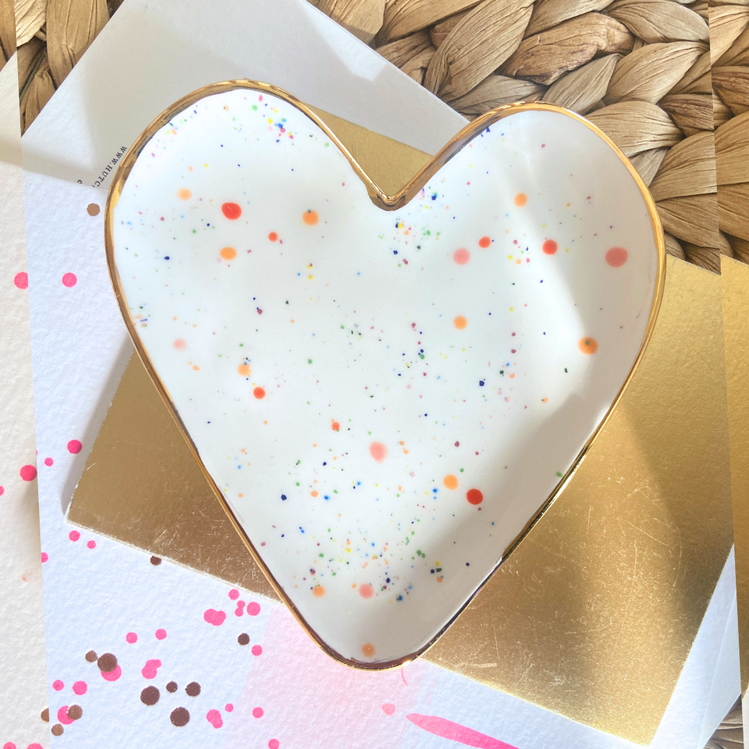 Colourful Spotty heart trinket dish and stud earrings on a Merry Christmas Card