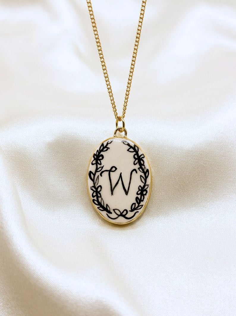Personalised Initial Pendant with Floral Border - Oval