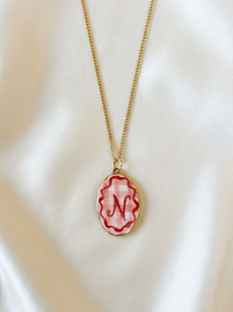 Personalised Initial Pendant with Pink Check - Oval