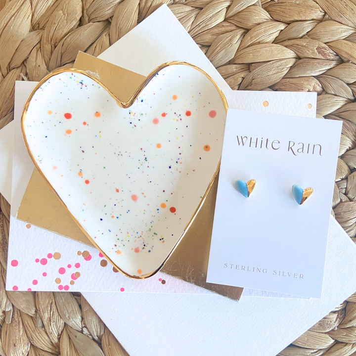 Colourful Spotty heart trinket dish and stud earrings on a Merry Christmas Card