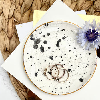 Spotty trinket dish and stud earrings on a Merry Christmas Card