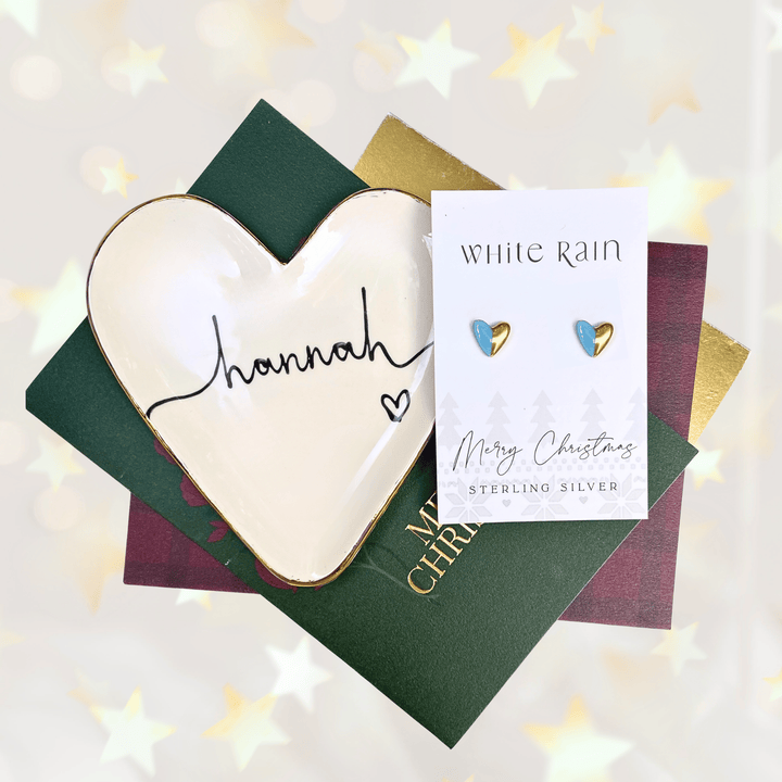 Personalised heart trinket dish and stud earrings on a Merry Christmas Card
