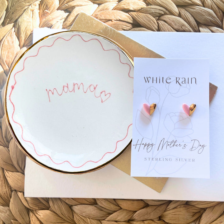 Pink Mama Trinket dish and stud earrings on a Mothers Day card