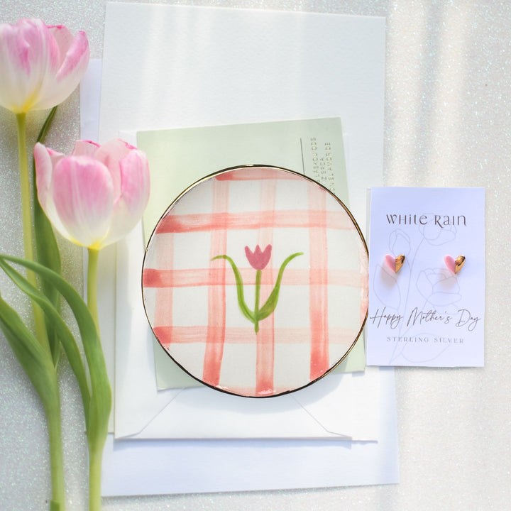 Tulip trinket dish and stud earrings on a Mothers Day presentation card