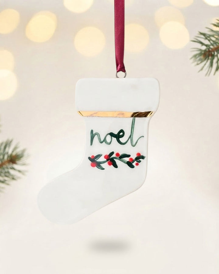 Set of 2 Ornaments with noel and Christmas foliage