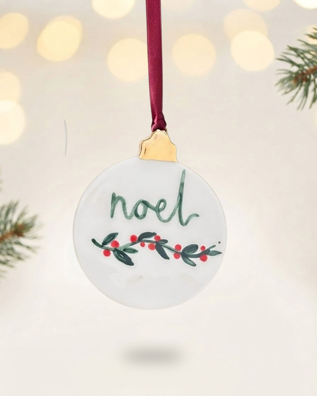 Set of 2 Ornaments with noel and Christmas foliage