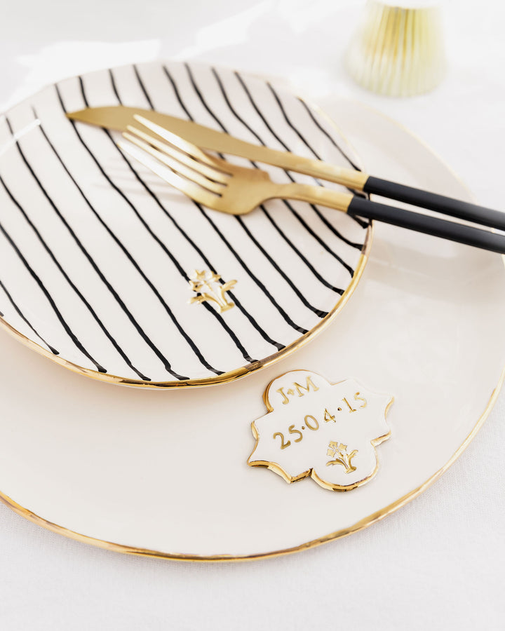 Personalised Large Serving Plate with Gold Flower Motif Stamp