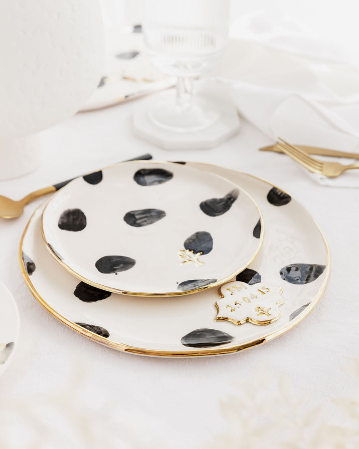 Personalised Large Serving Plate with Black Spots and Gold Flower Motif Stamp