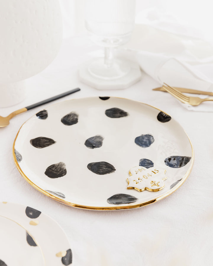 Personalised Large Serving Plate with Black Spots and Gold Flower Motif Stamp