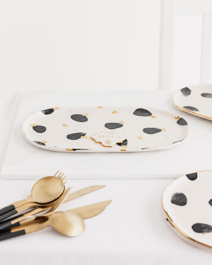 Personalised Large Oval Platter with Black Spots and Gold Flower Motif Stamp