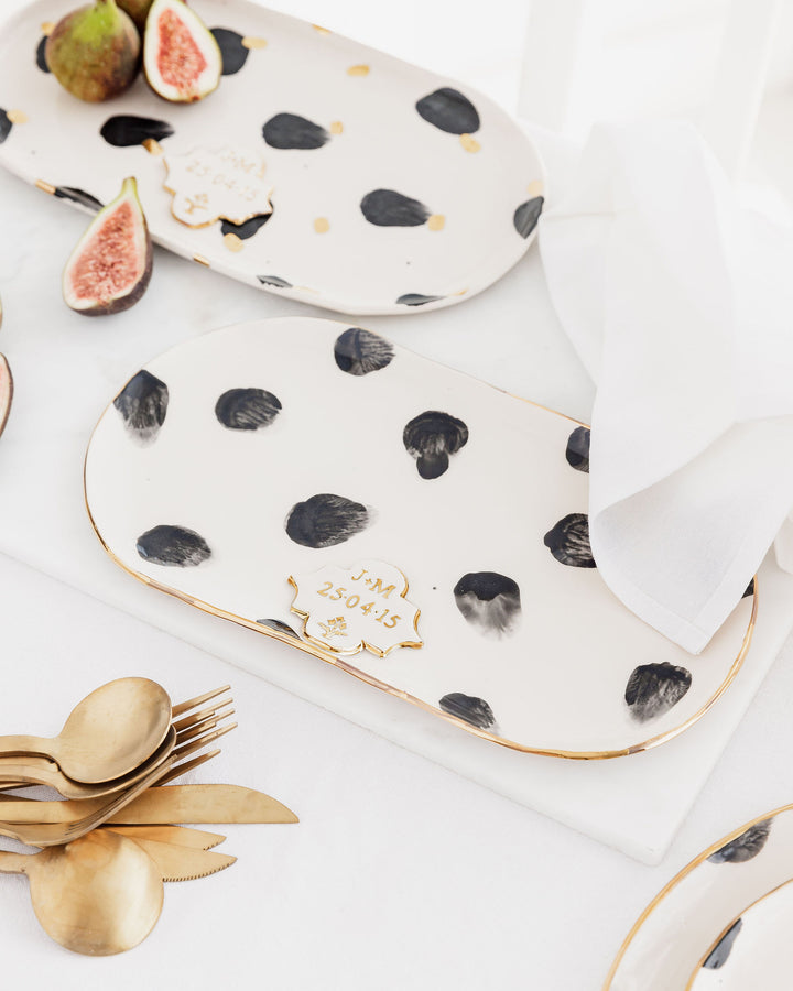 Personalised Large Oval Platter with Black Spots and Gold Flower Motif Stamp