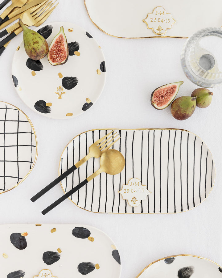 Personalised Oval Plate with Black Stripes and Gold Flower Motif Stamp