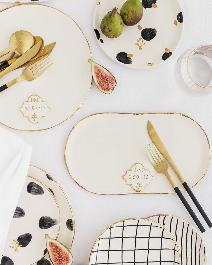 Personalised Oval Plate with Gold Flower Motif Stamp
