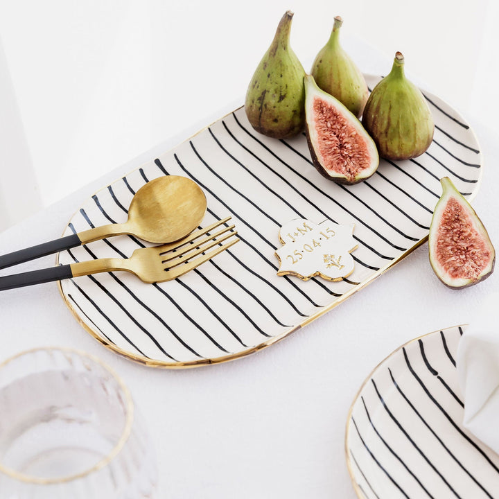 Personalised Oval Plate with Black Stripes and Gold Flower Motif Stamp