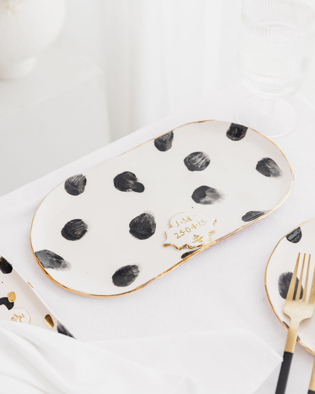 Personalised Large Oval Platter with Black Spots and Gold Flower Motif Stamp
