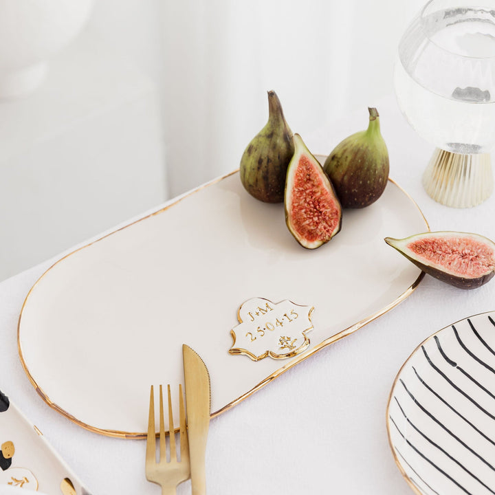 Personalised Oval Plate with Gold Flower Motif Stamp