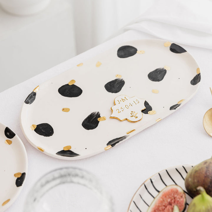 Personalised Large Oval Platter with Black Spots and Gold Flower Motif Stamp