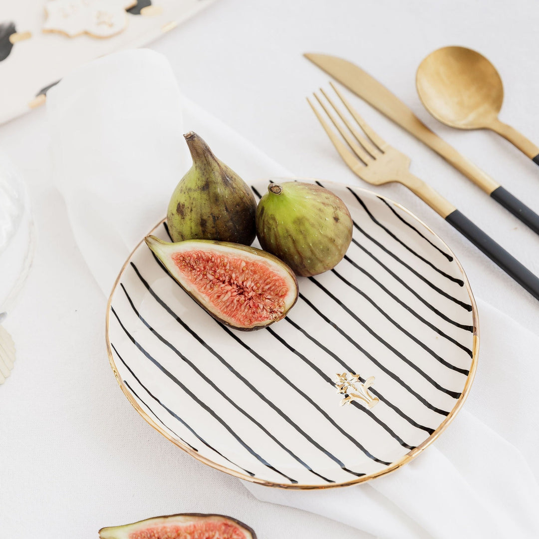 Side Plate with Black Stripes and Gold Flower Motif Stamp