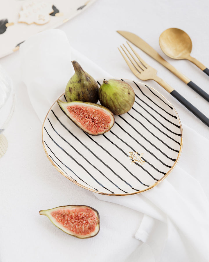 Side Plate with Black Stripes and Gold Flower Motif Stamp