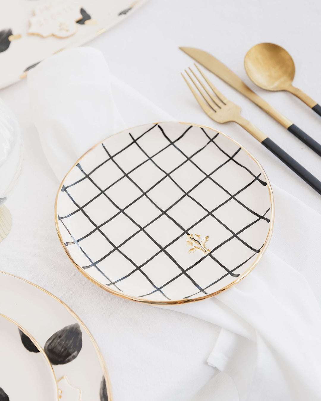 Side Plate with Checkered Black Pattern and Gold Flower Motif Stamp